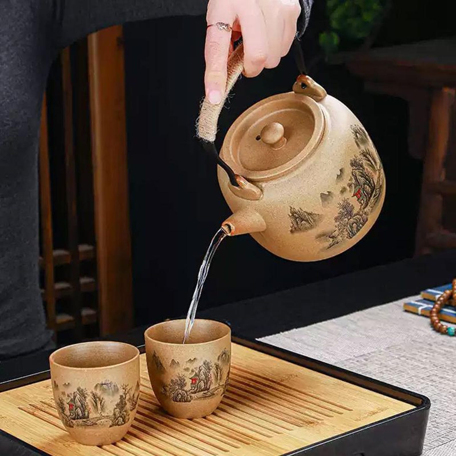Artisan Sand-Textured Stoneware Tea Set — Landscape Motif with Jute-Wrapped Handle