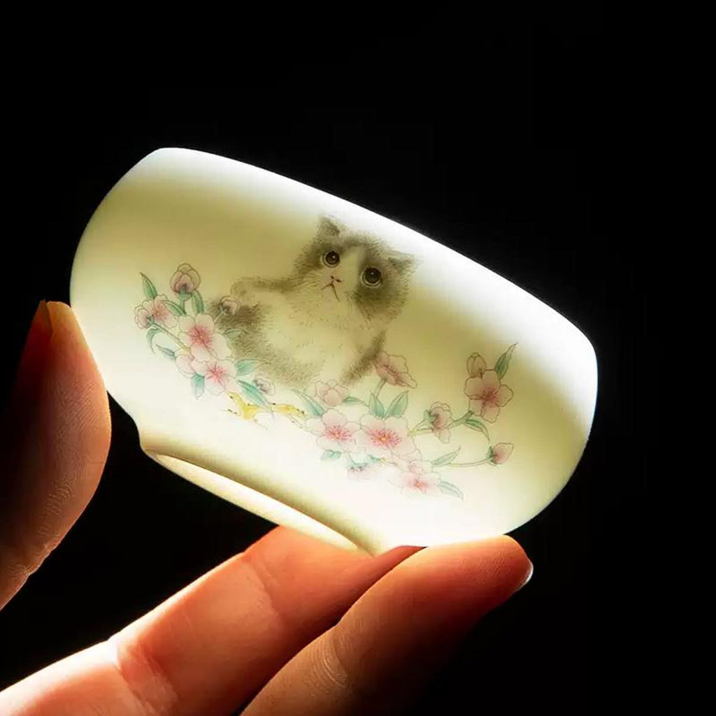Whimsical Kitten & Cherry Blossom Porcelain Tea Set — Handcrafted Collection with Golden Arched Handle