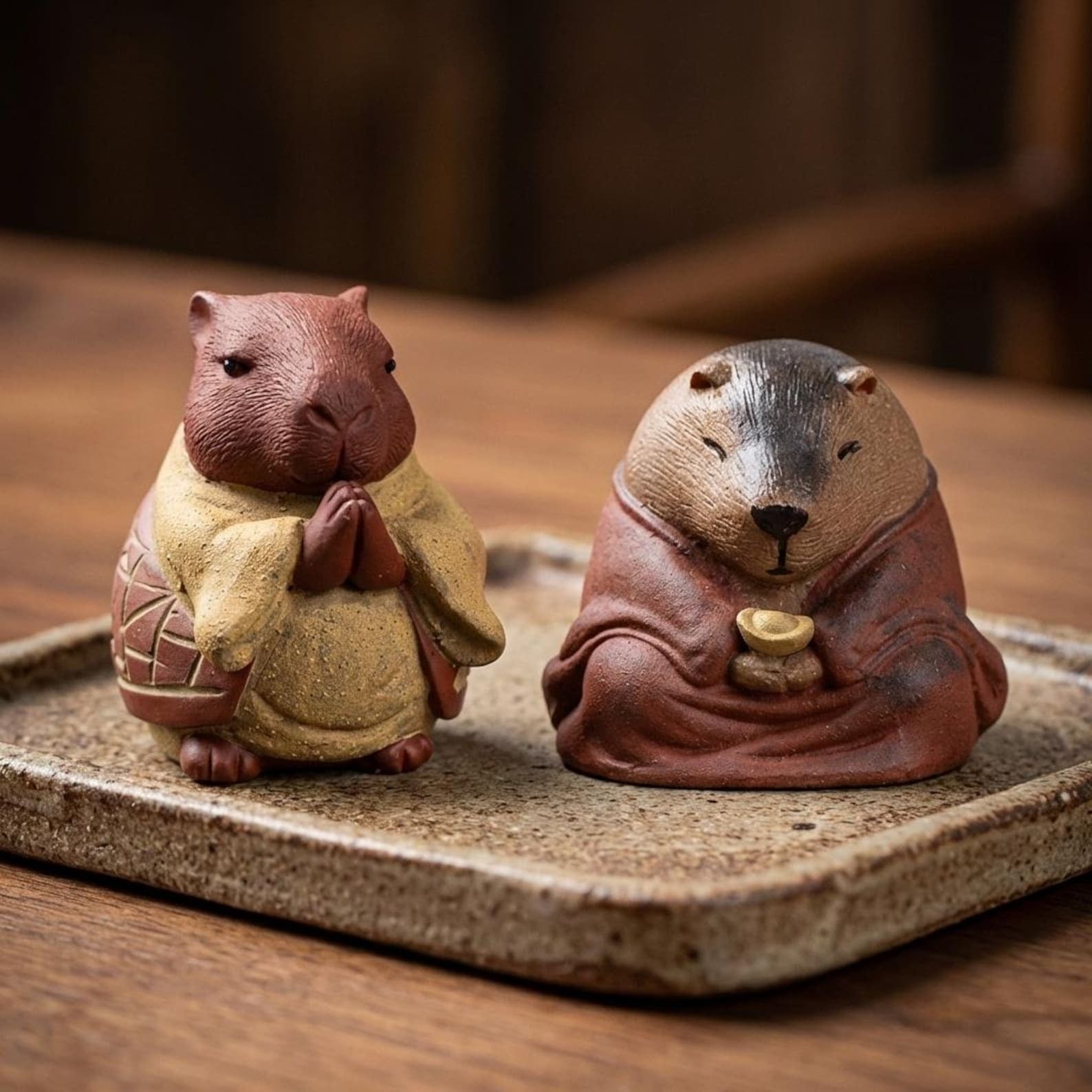 Artisan Ceramic "Meditating Capybara" Tea Pet Set