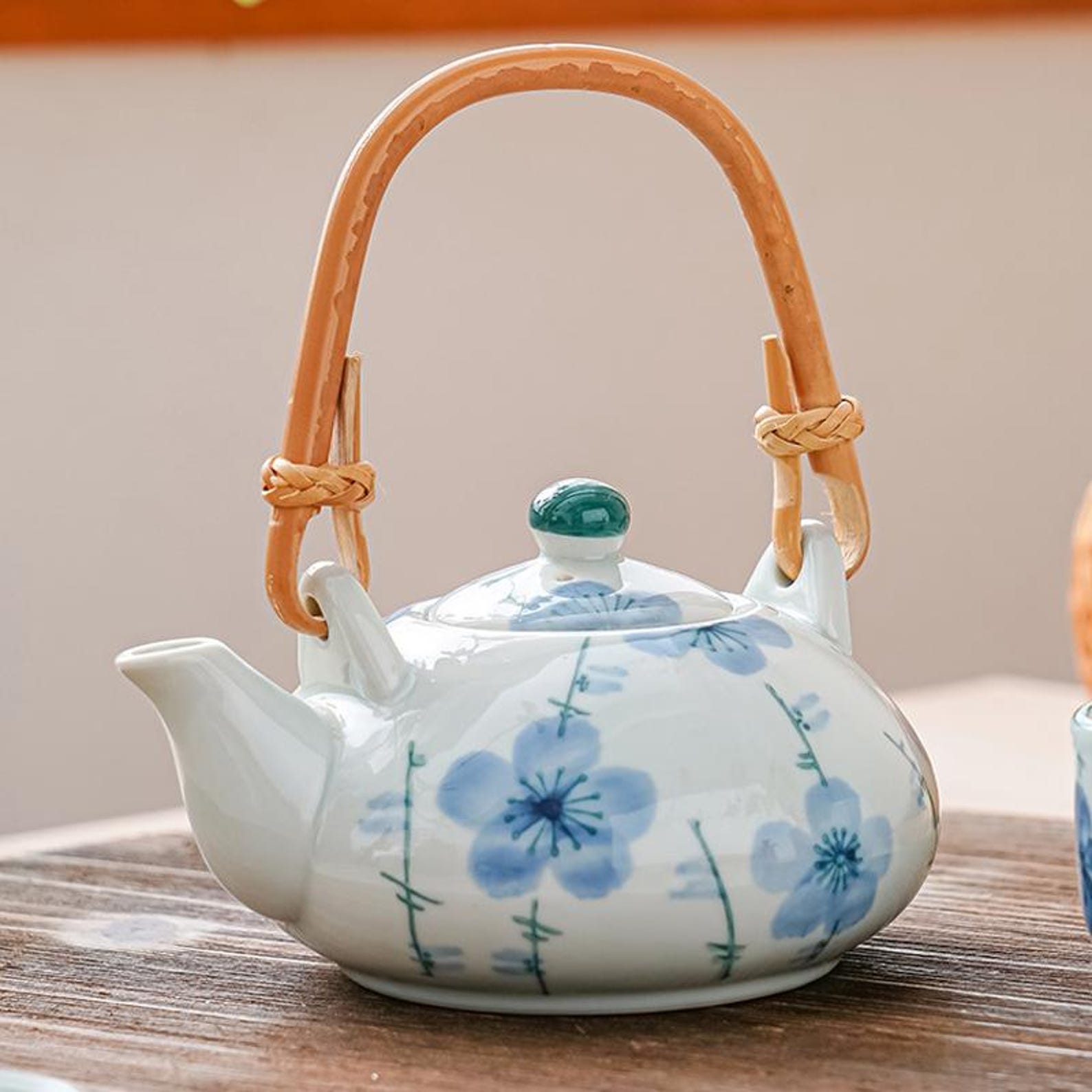 Artisan Floral Porcelain Tea Set — 5-Piece Handcrafted Collection with Natural Bamboo Handle