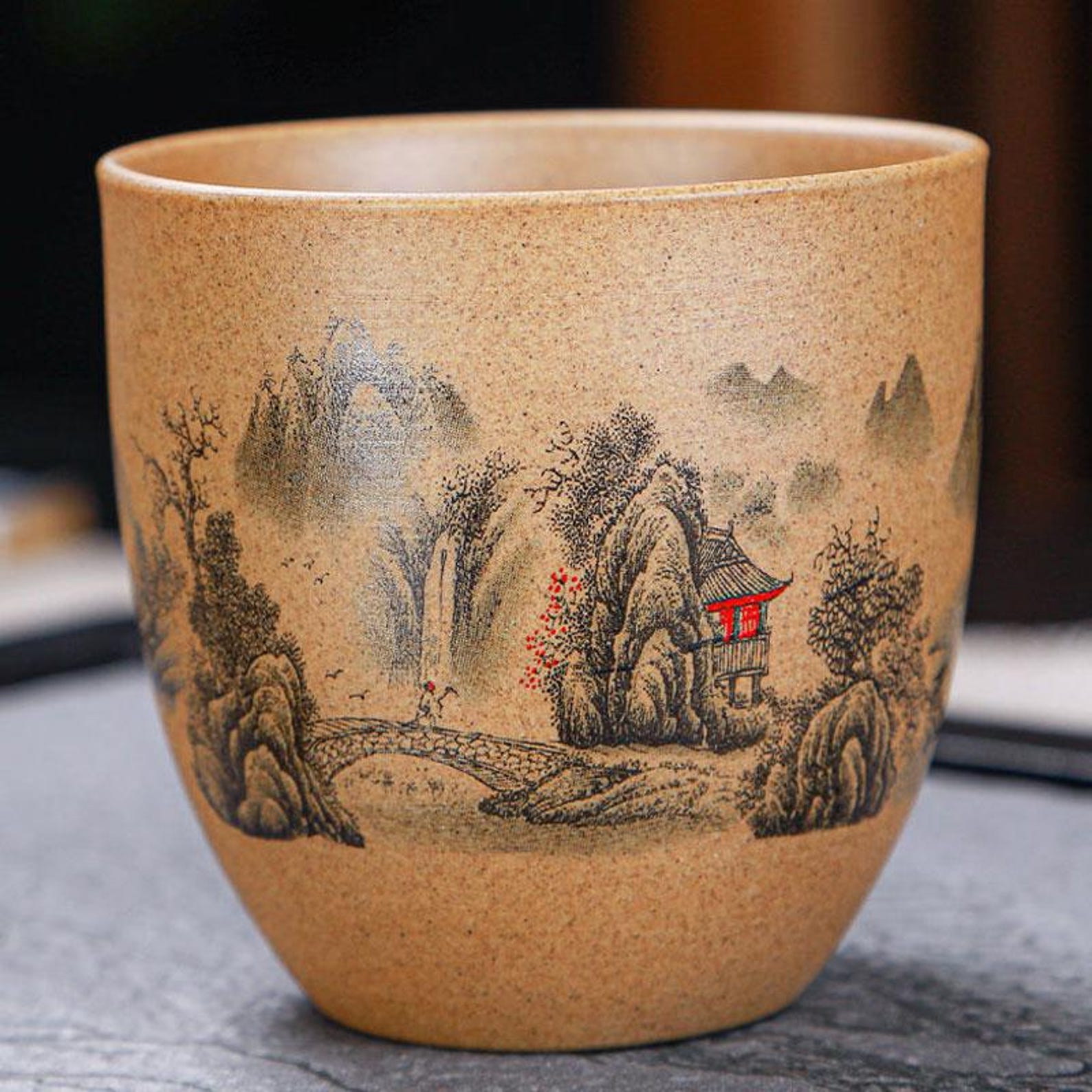 Artisan Sand-Textured Stoneware Tea Set — Landscape Motif with Jute-Wrapped Handle