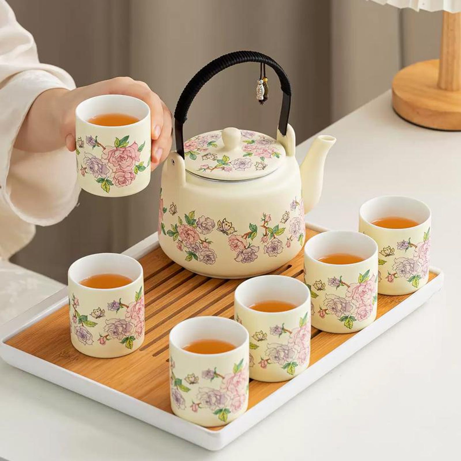 Handcrafted English Garden Floral Tea Set — 7/8 Piece Artisanal Porcelain Collection