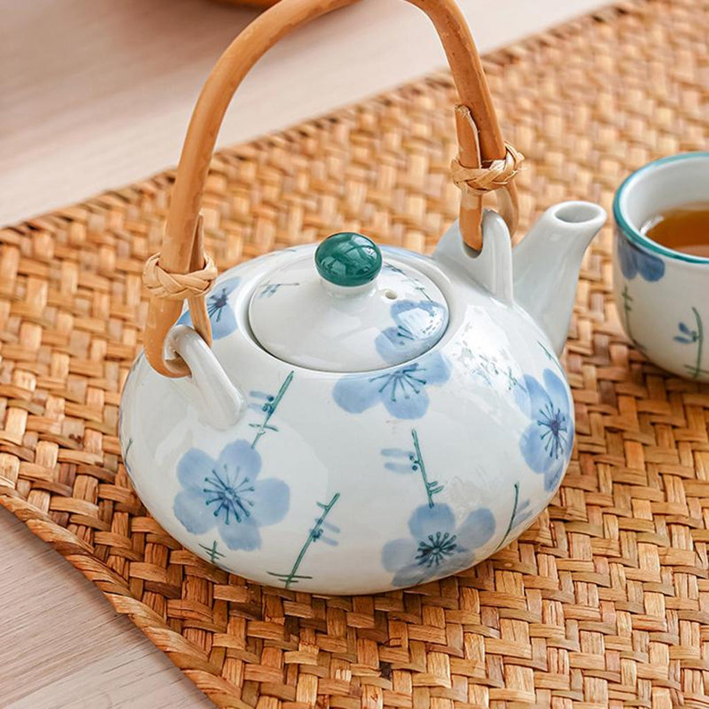 Artisan Floral Porcelain Tea Set — 5-Piece Handcrafted Collection with Natural Bamboo Handle