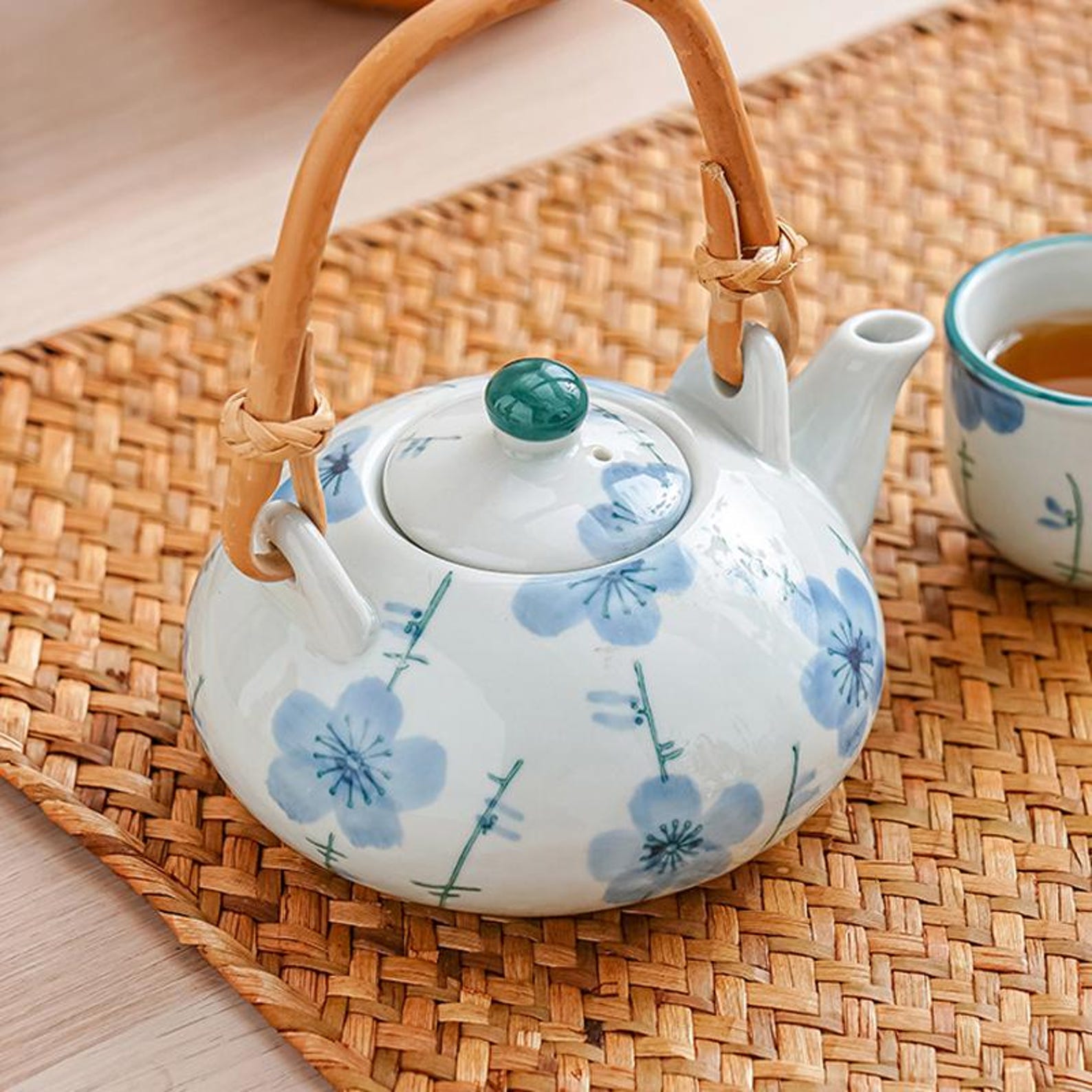 Artisan Floral Porcelain Tea Set — 5-Piece Handcrafted Collection with Natural Bamboo Handle