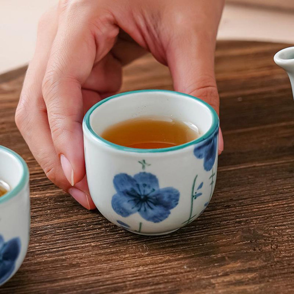Artisan Floral Porcelain Tea Set — 5-Piece Handcrafted Collection with Natural Bamboo Handle
