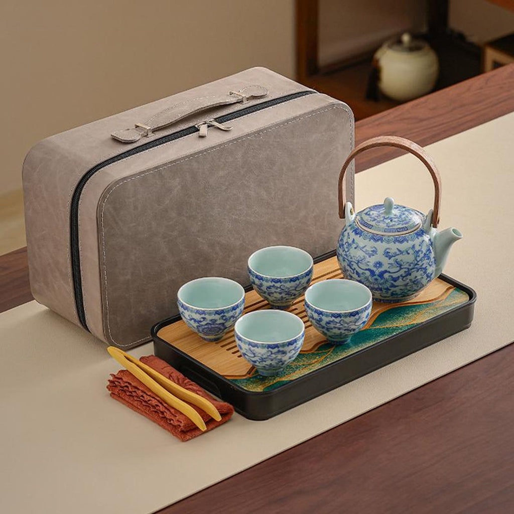 Imperial Blue & White Porcelain Travel Tea Set — 7-Piece Portable Ceremonial Collection