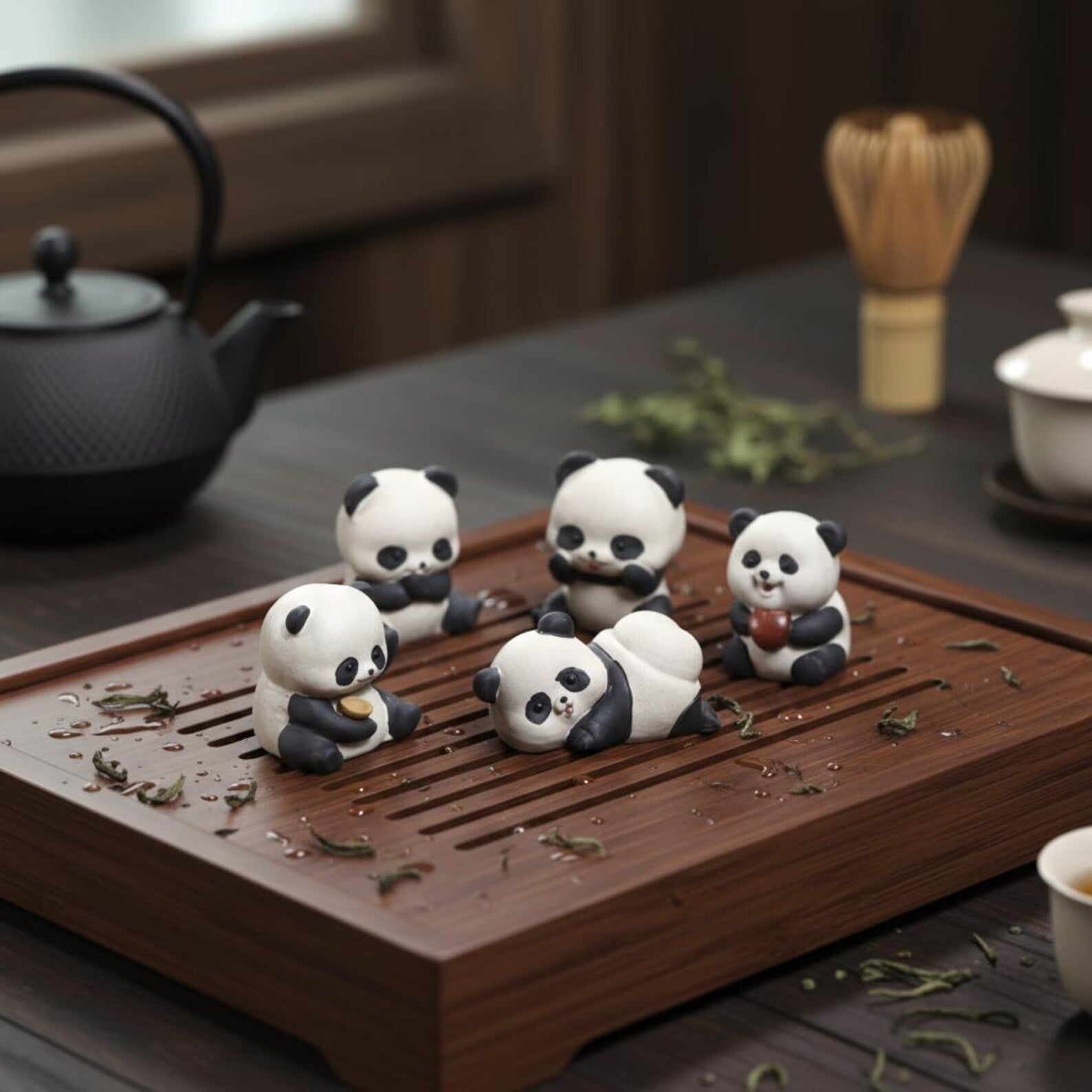 Artisan Ceramic "Panda Playtime" Tea Pet Set