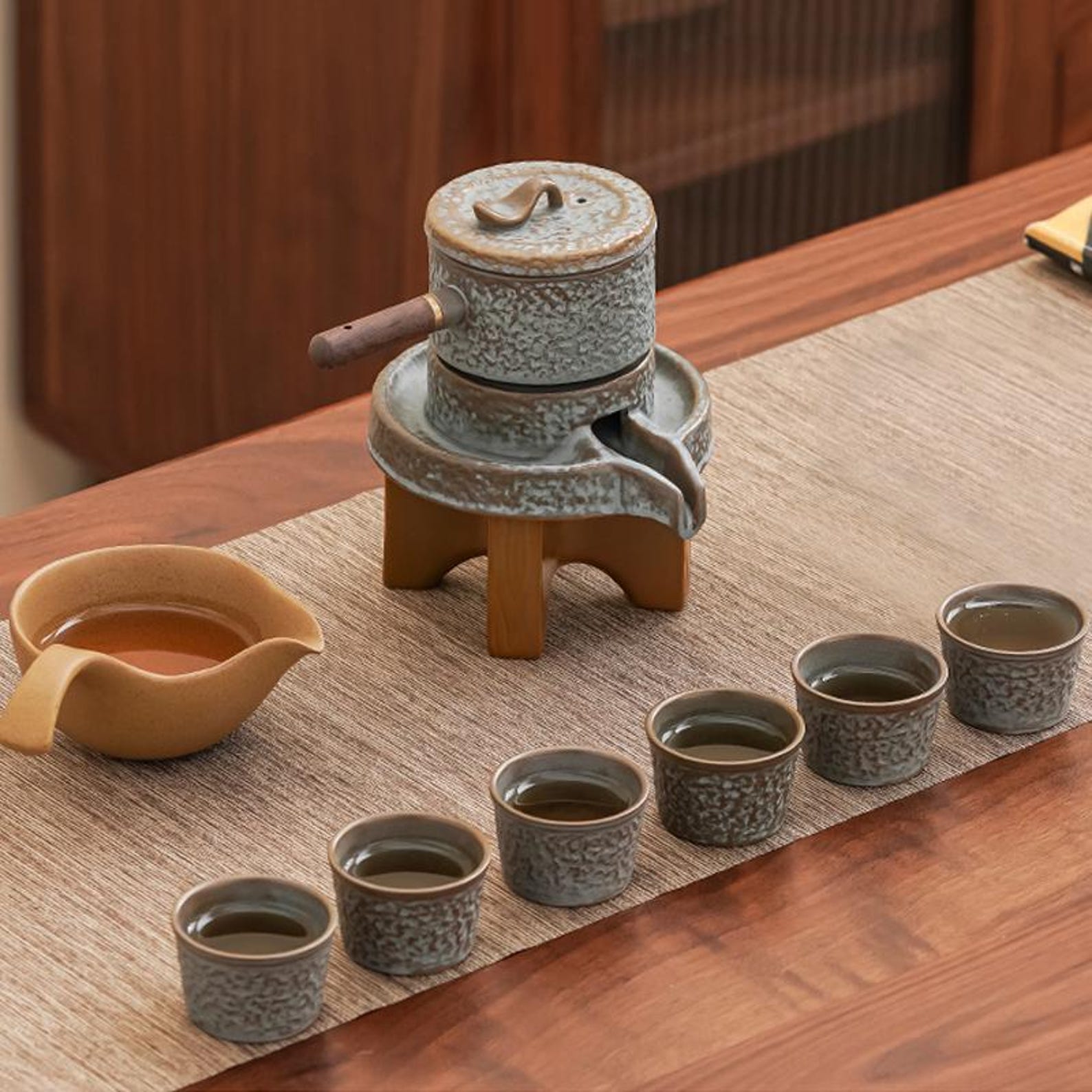 Zen Rustic Stone Mill Automatic Tea Set — Handcrafted Textured Stoneware Collection