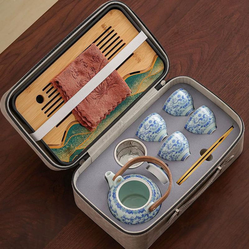 Imperial Blue & White Porcelain Travel Tea Set — 7-Piece Portable Ceremonial Collection