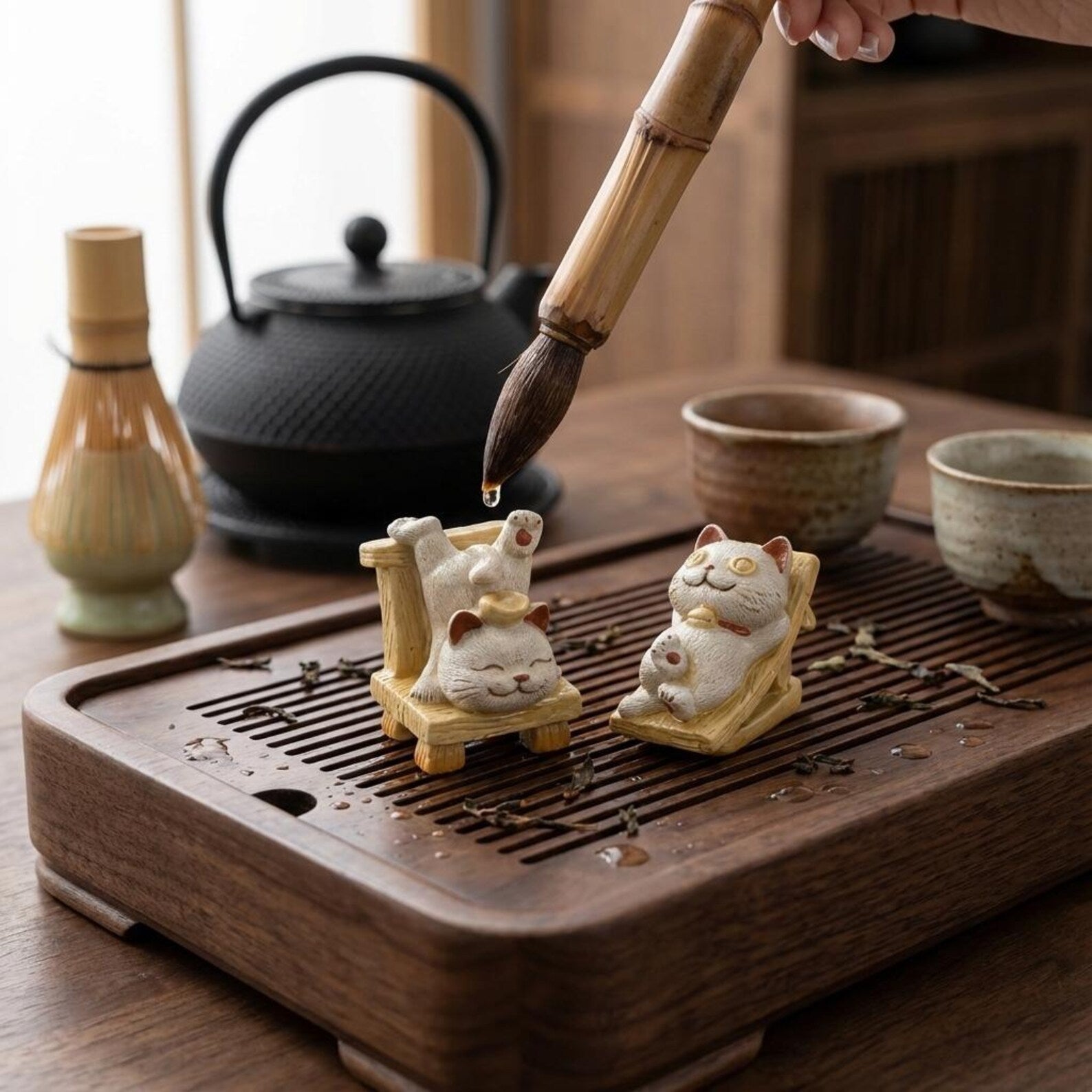 Artisan Ceramic "Relaxed Zen Cats" Tea Pet Set