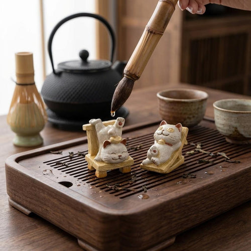 Artisan Ceramic "Relaxed Zen Cats" Tea Pet Set
