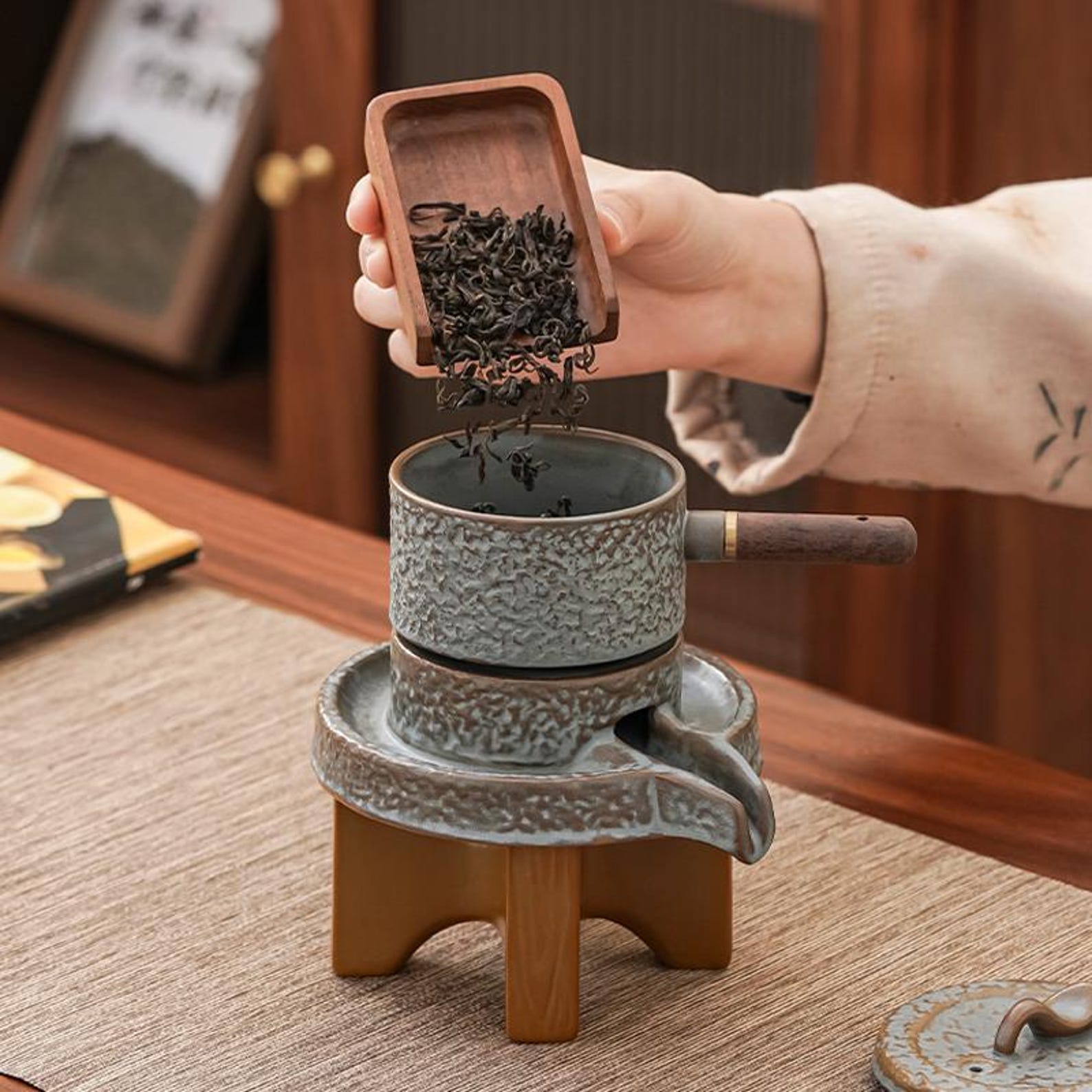 Zen Rustic Stone Mill Automatic Tea Set — Handcrafted Textured Stoneware Collection