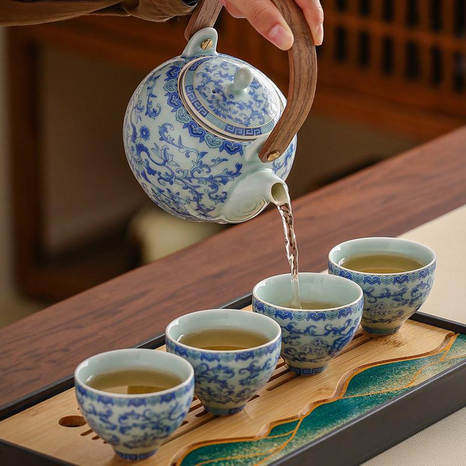 Imperial Blue & White Porcelain Travel Tea Set — 7-Piece Portable Ceremonial Collection