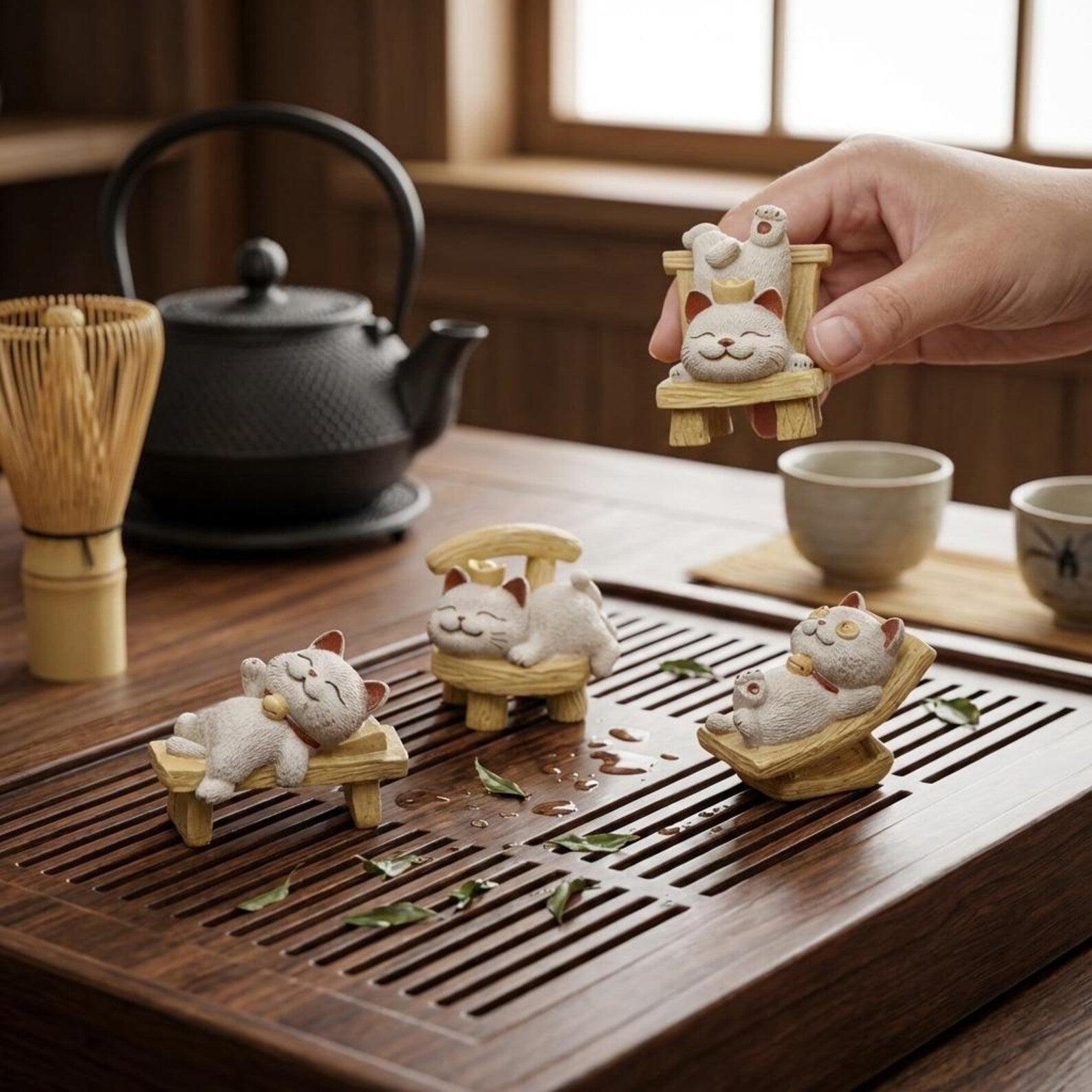 Artisan Ceramic "Relaxed Zen Cats" Tea Pet Set