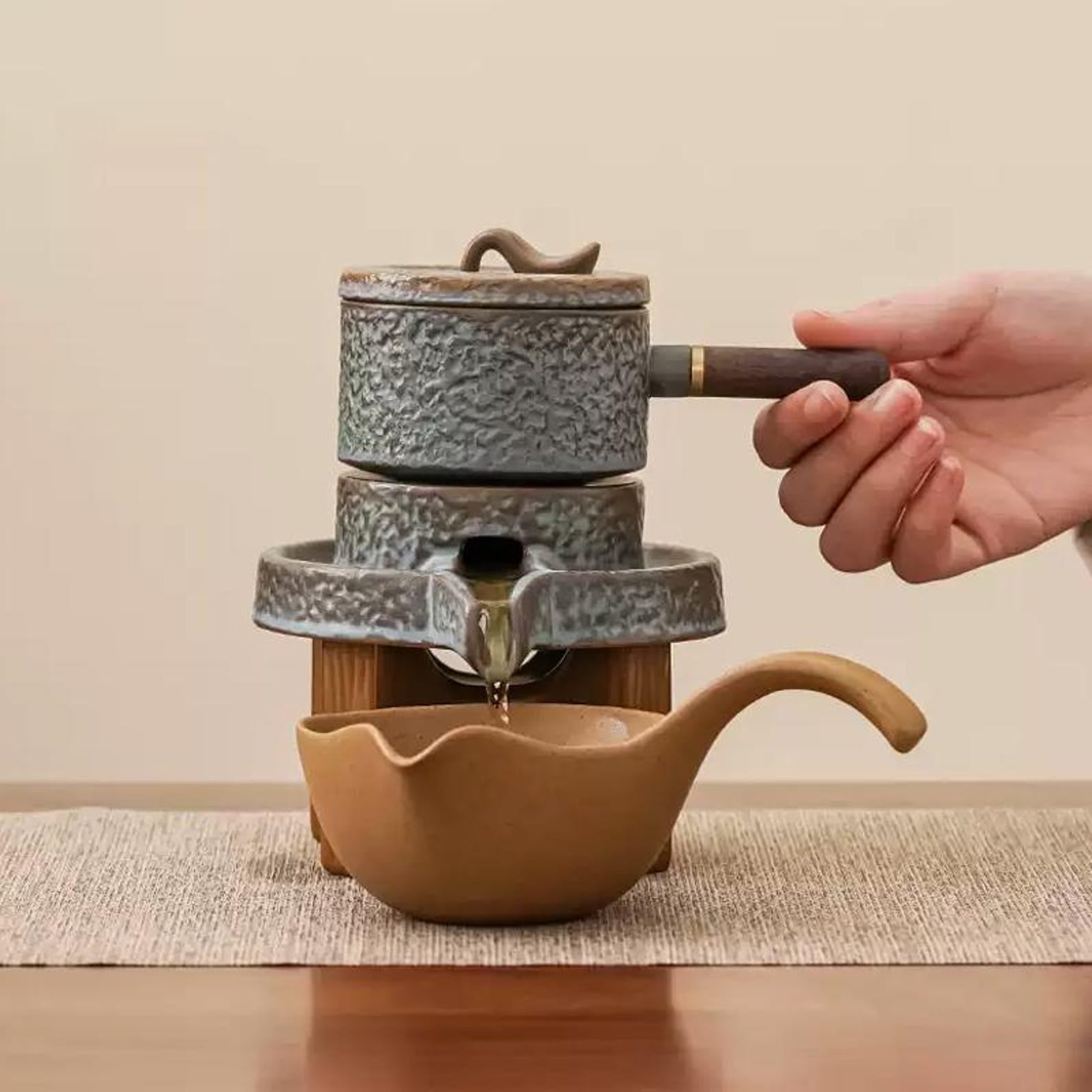 Zen Rustic Stone Mill Automatic Tea Set — Handcrafted Textured Stoneware Collection