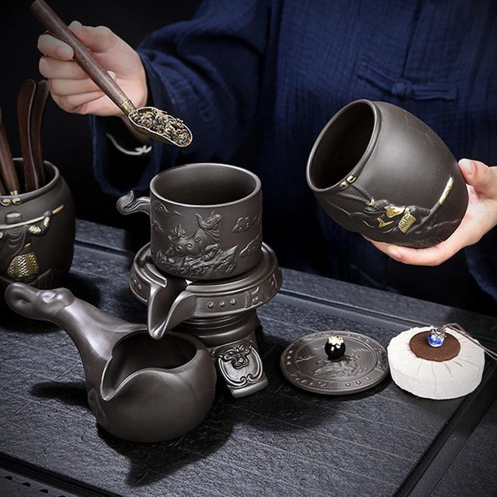 Handcrafted Zen Stone Mill Automatic Tea Set — Artisanal Stoneware Collection