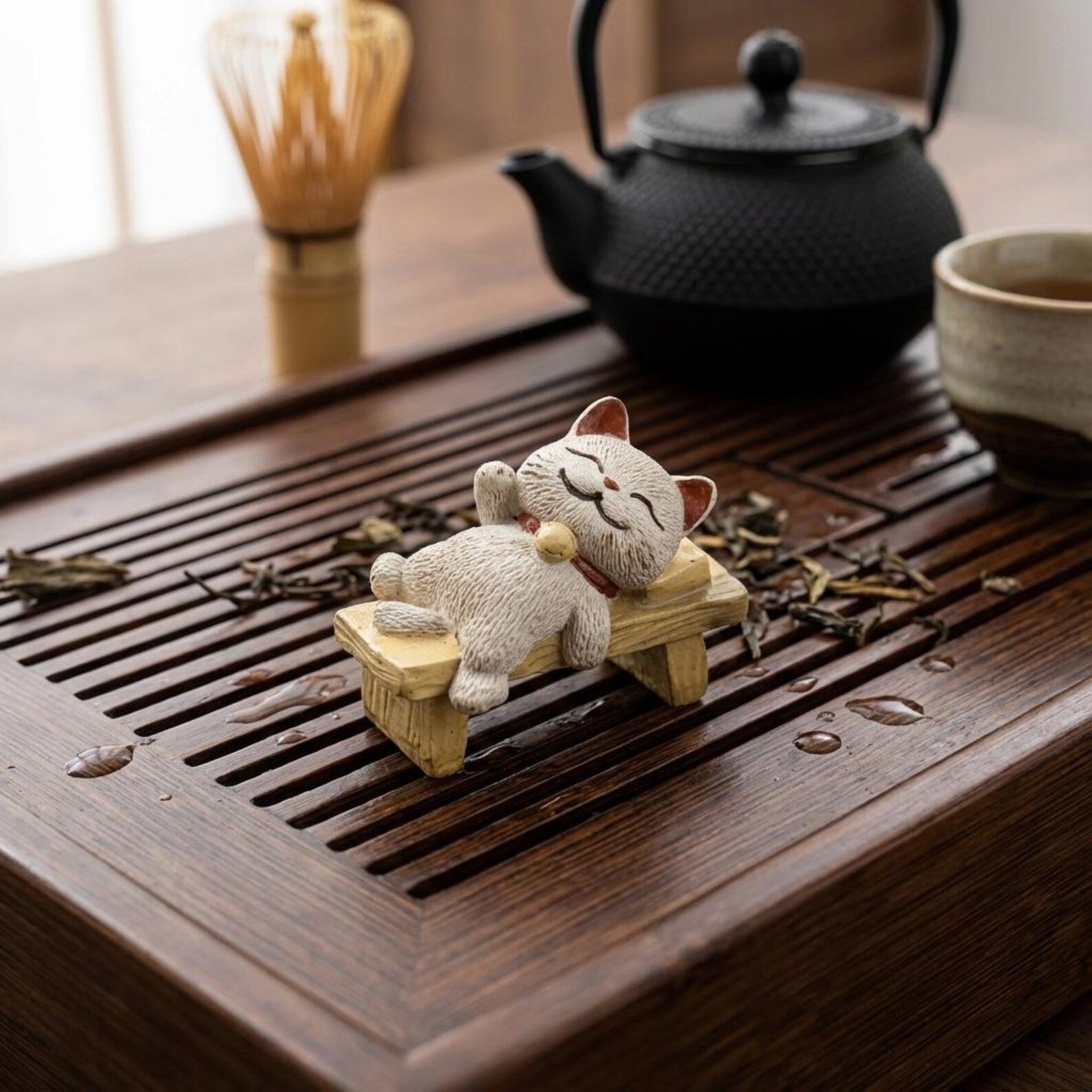 Artisan Ceramic "Relaxed Zen Cats" Tea Pet Set
