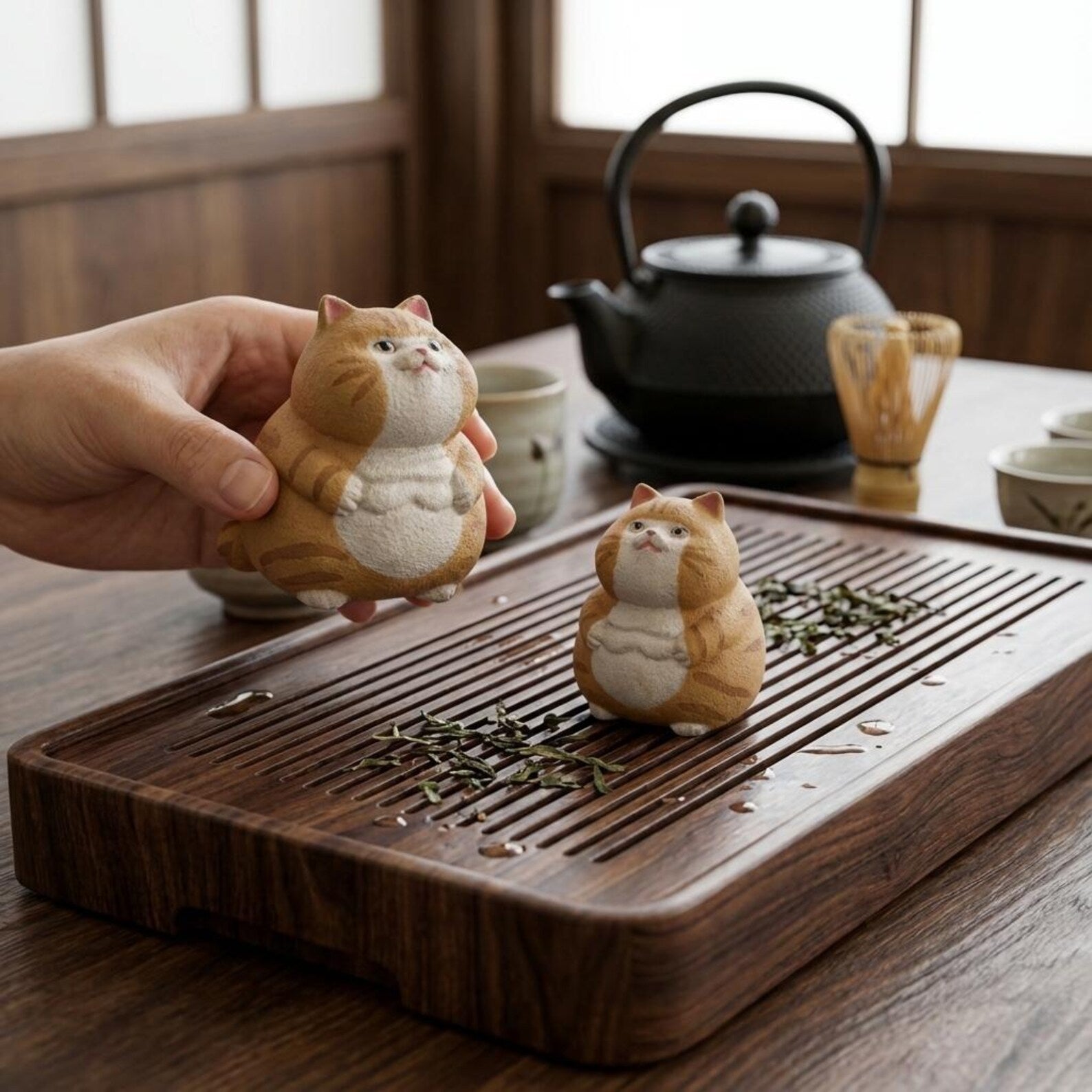 Artisan Ceramic "Curious Kitten" Tea Pet Duo