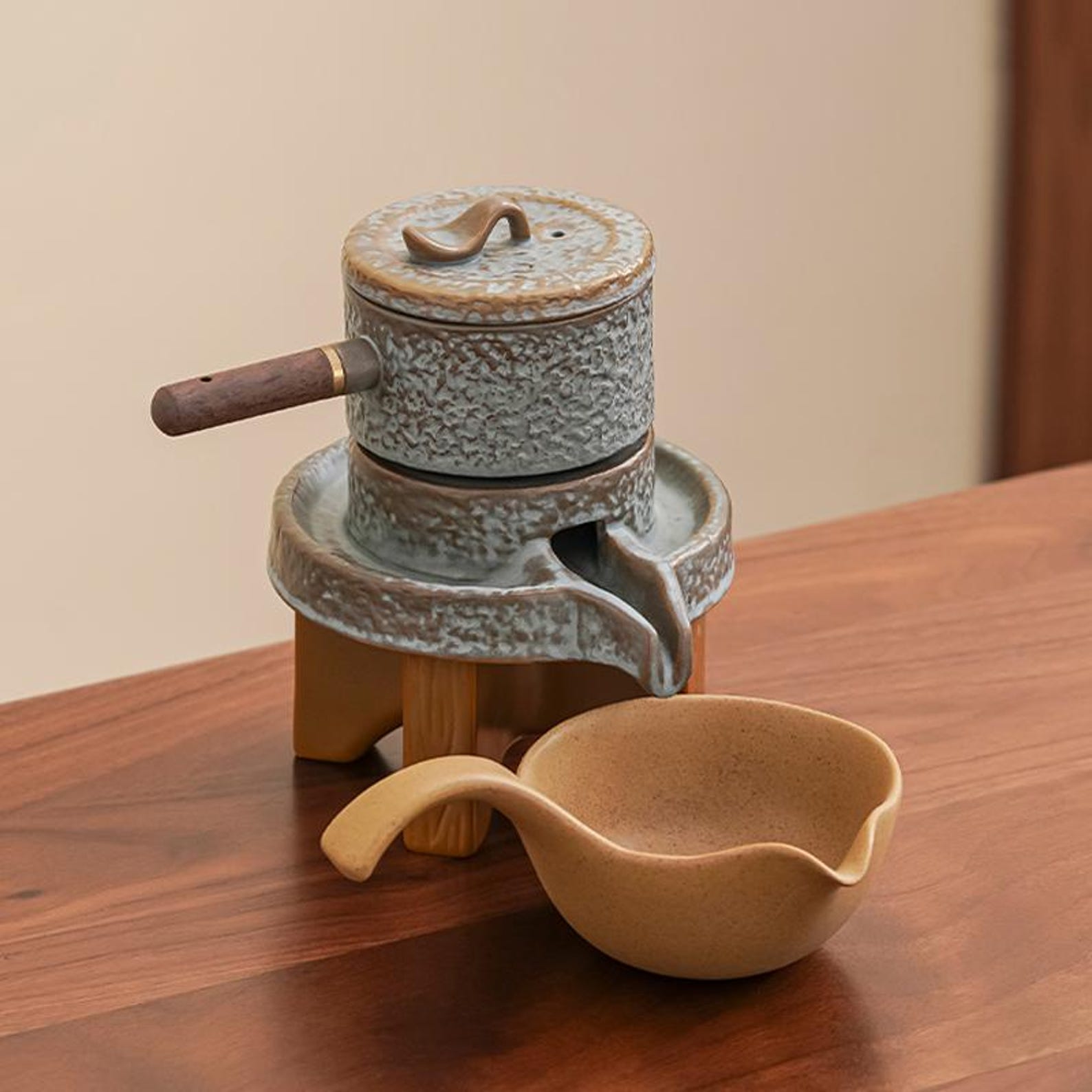 Zen Rustic Stone Mill Automatic Tea Set — Handcrafted Textured Stoneware Collection