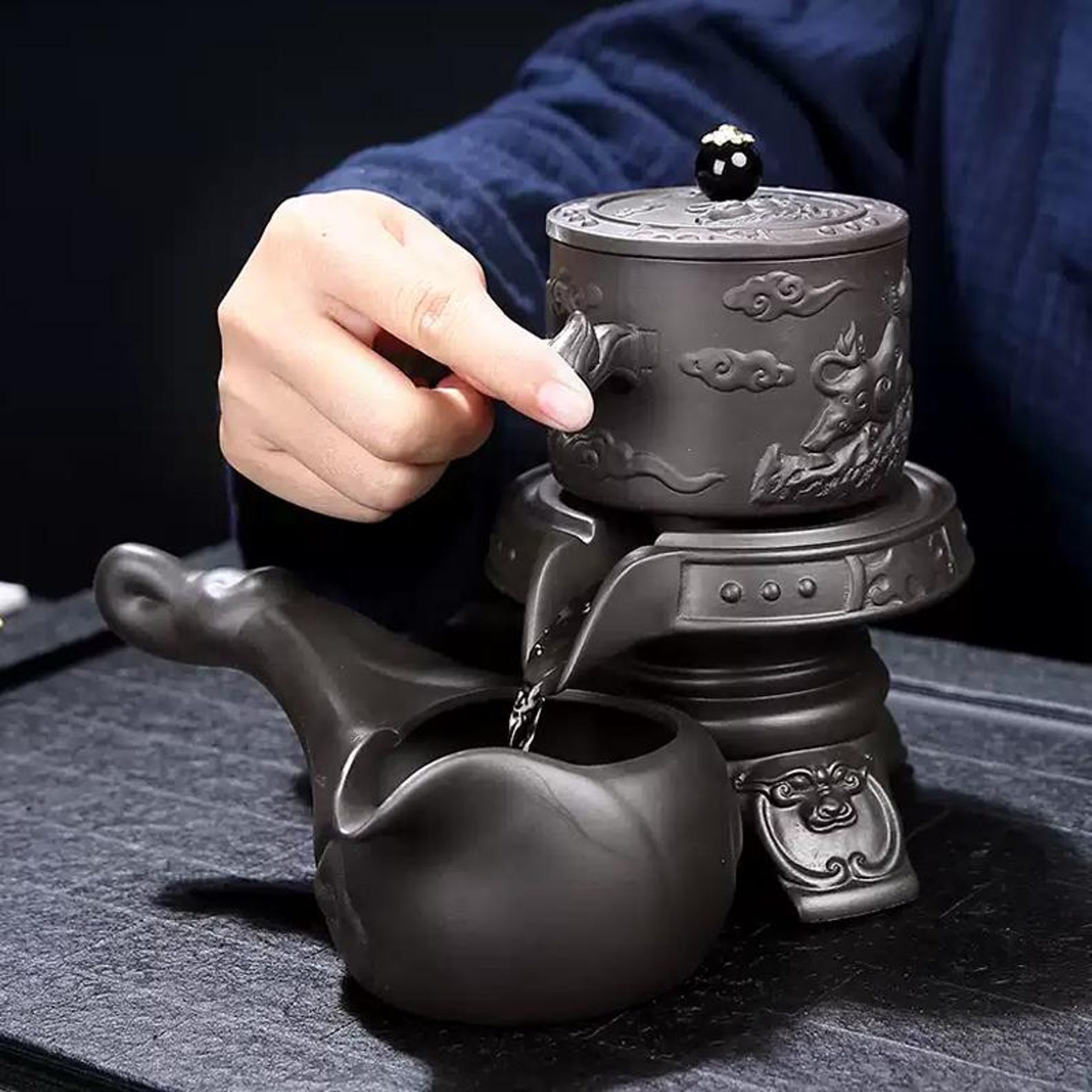 Handcrafted Zen Stone Mill Automatic Tea Set — Artisanal Stoneware Collection
