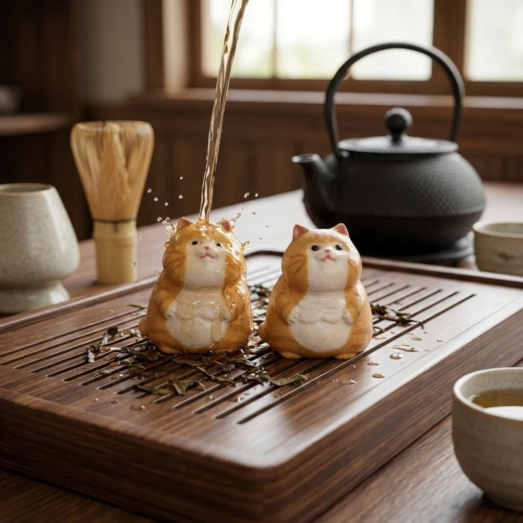 Artisan Ceramic "Curious Kitten" Tea Pet Duo