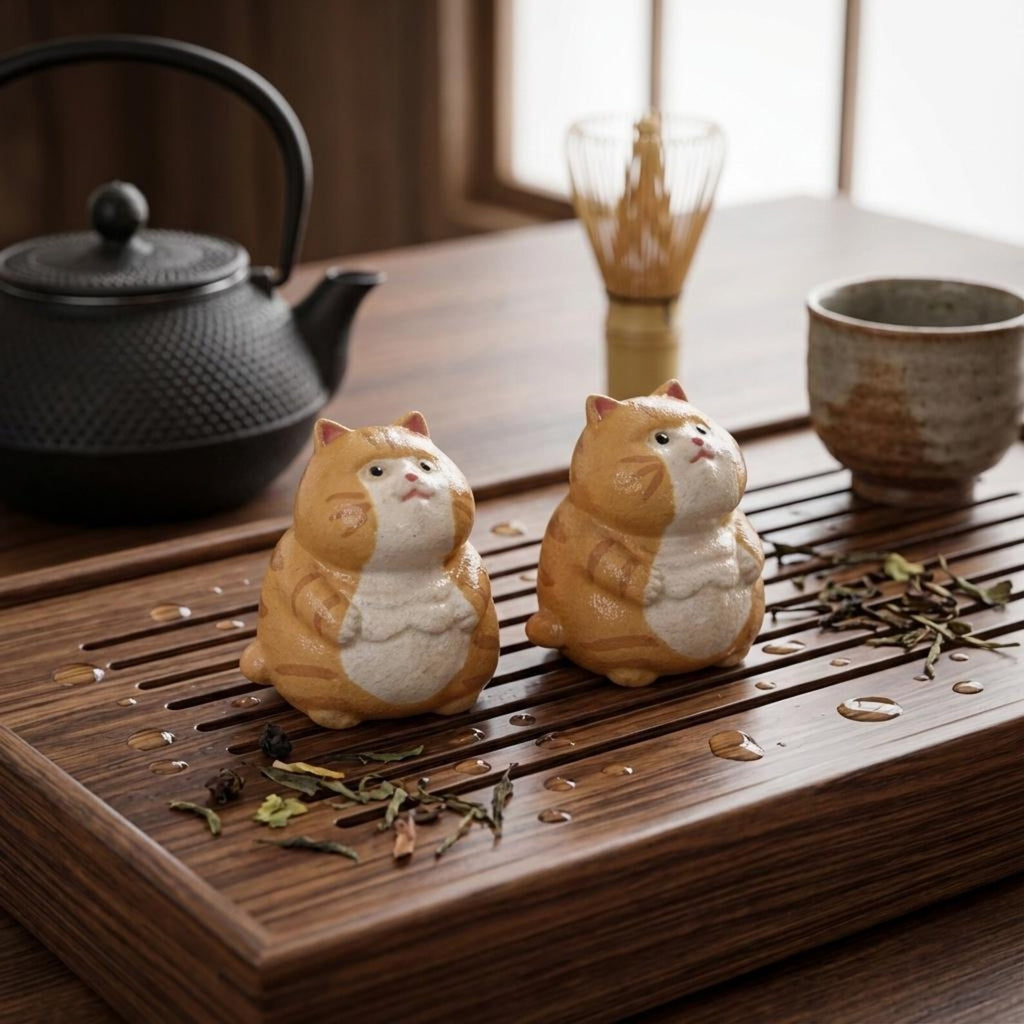 Artisan Ceramic "Curious Kitten" Tea Pet Duo