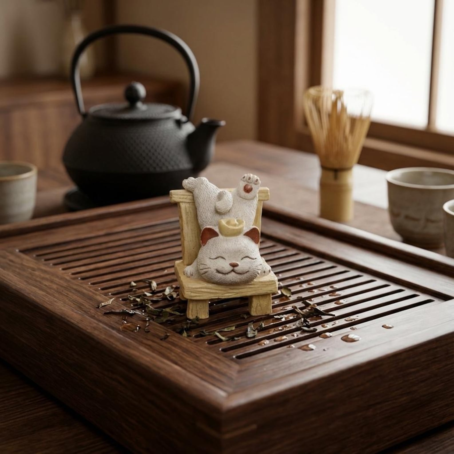 Artisan Ceramic "Relaxed Zen Cats" Tea Pet Set