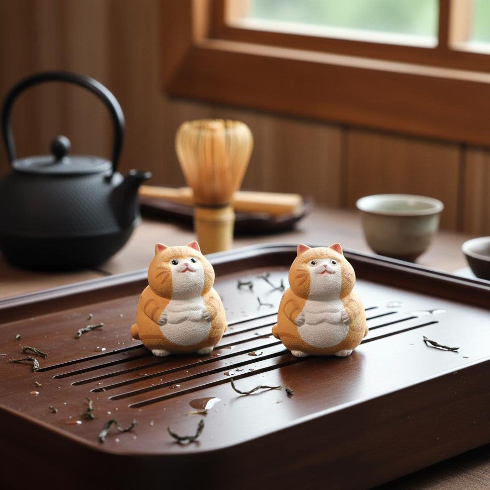 Artisan Ceramic "Curious Kitten" Tea Pet Duo