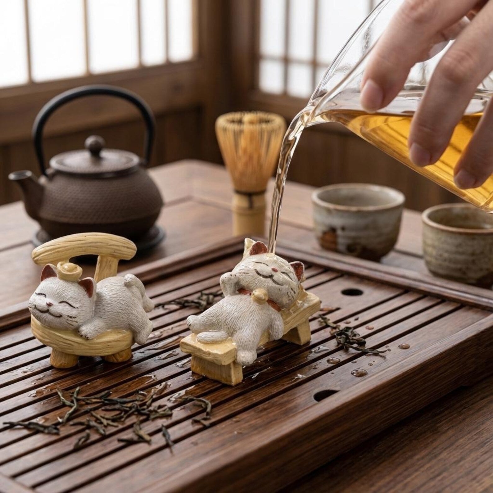 Artisan Ceramic "Relaxed Zen Cats" Tea Pet Set
