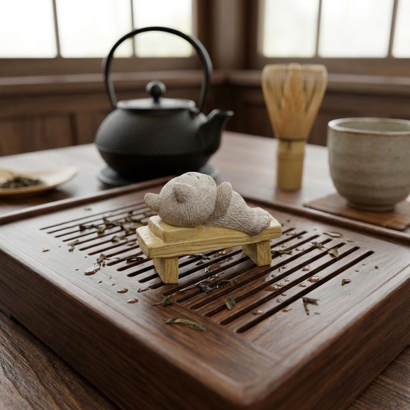 Artisan Ceramic "Relaxed Zen Cats" Tea Pet Set