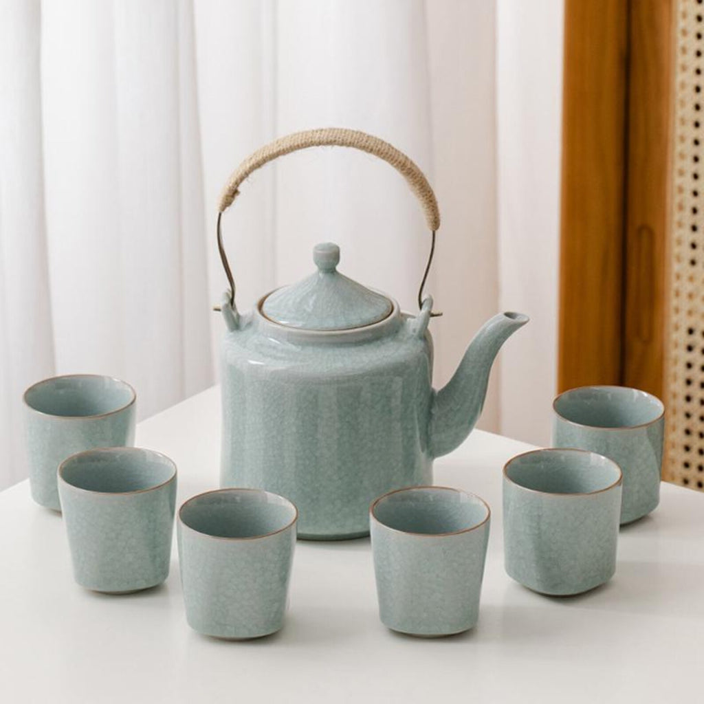 Imperial Celadon Ge Kiln Gongfu Tea Set with Arched Hemp Handle