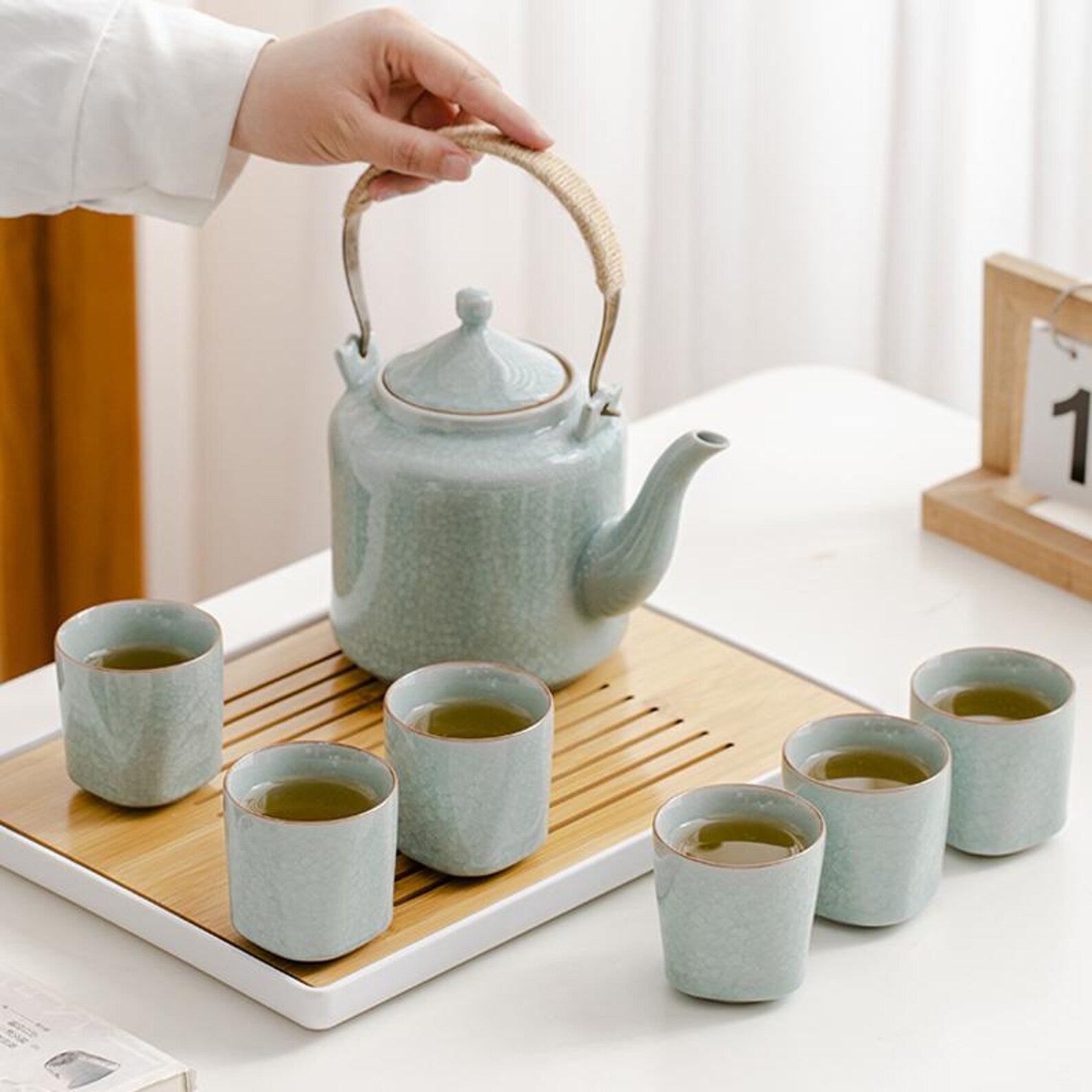 Imperial Celadon Ge Kiln Gongfu Tea Set with Arched Hemp Handle