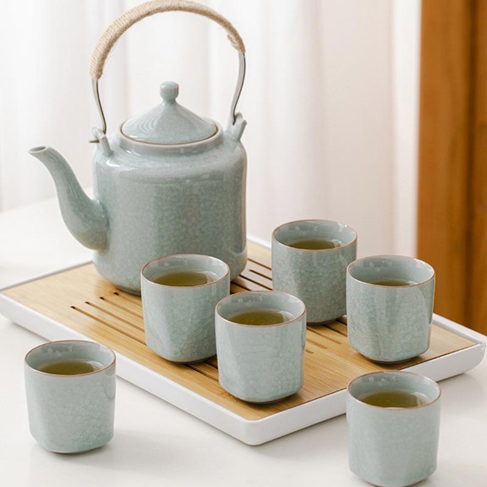 Imperial Celadon Ge Kiln Gongfu Tea Set with Arched Hemp Handle