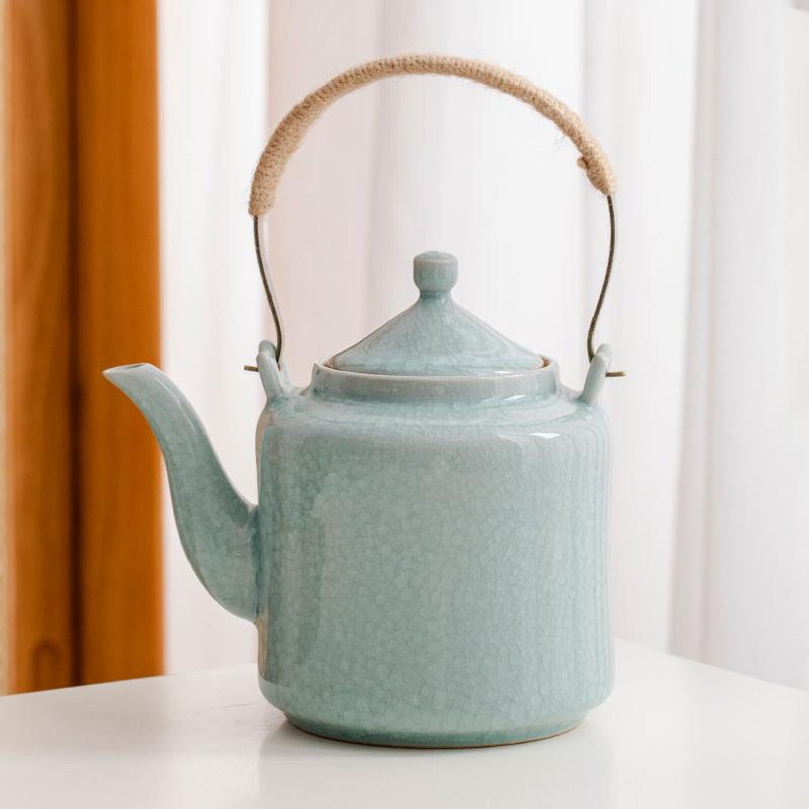 Imperial Celadon Ge Kiln Gongfu Tea Set with Arched Hemp Handle