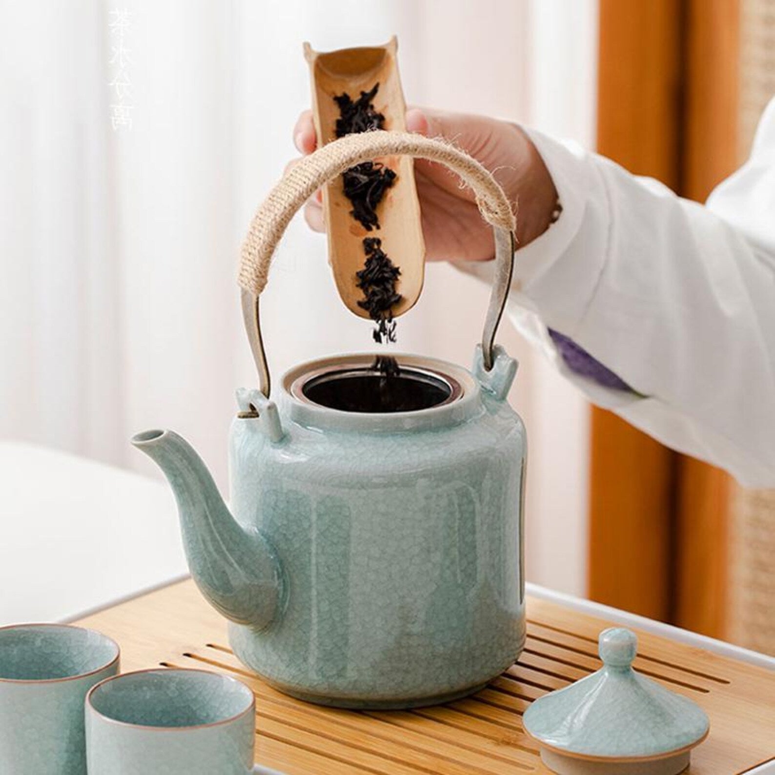 Imperial Celadon Ge Kiln Gongfu Tea Set with Arched Hemp Handle