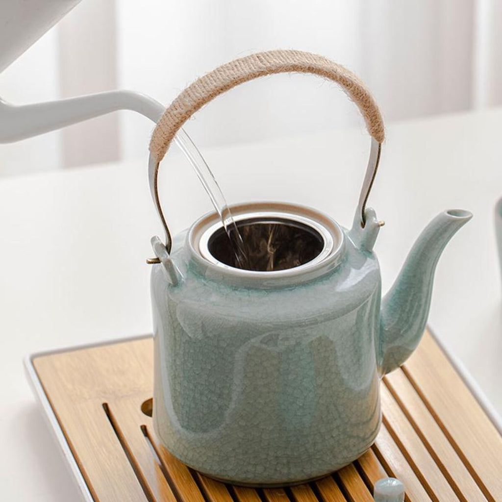 Imperial Celadon Ge Kiln Gongfu Tea Set with Arched Hemp Handle