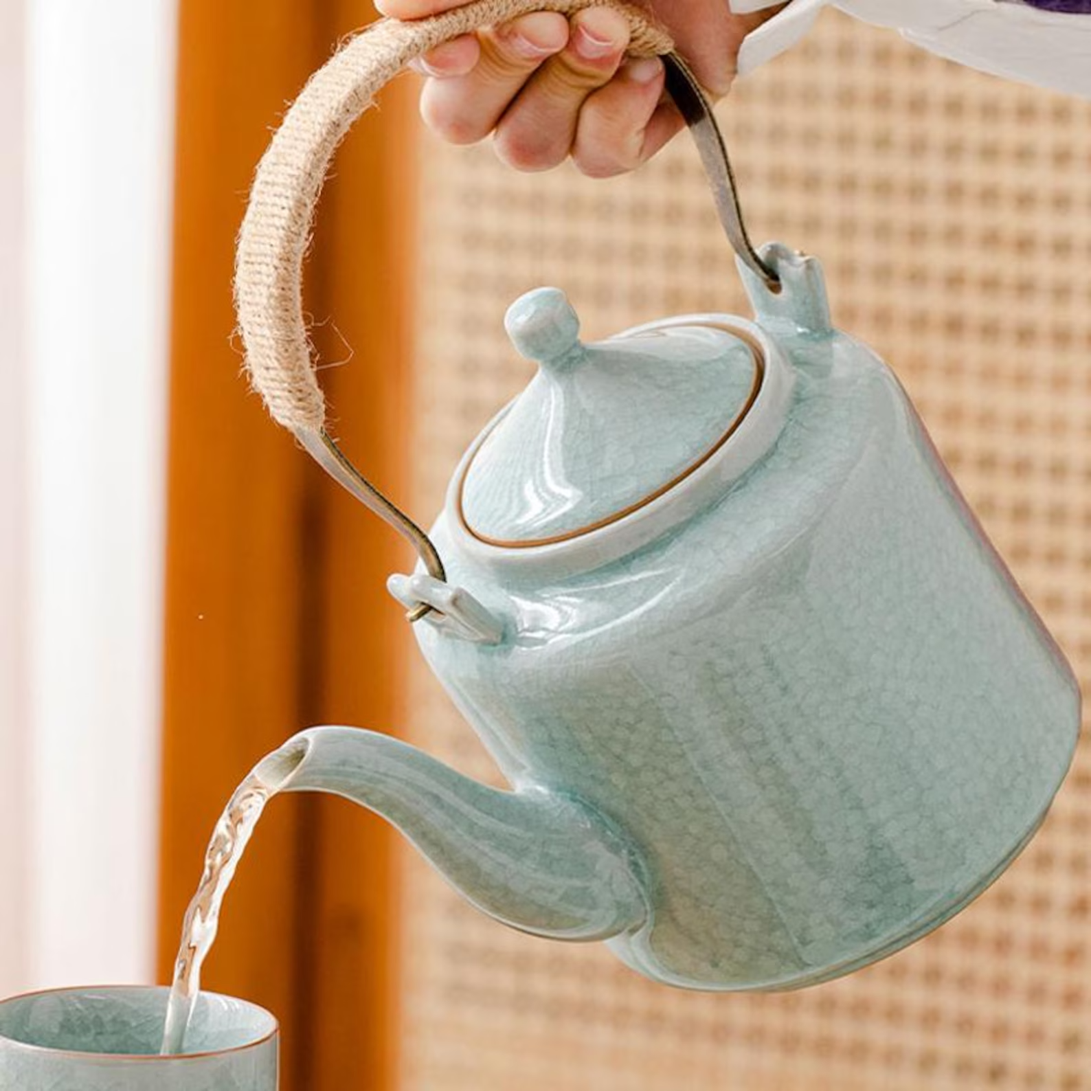 Imperial Celadon Ge Kiln Gongfu Tea Set with Arched Hemp Handle