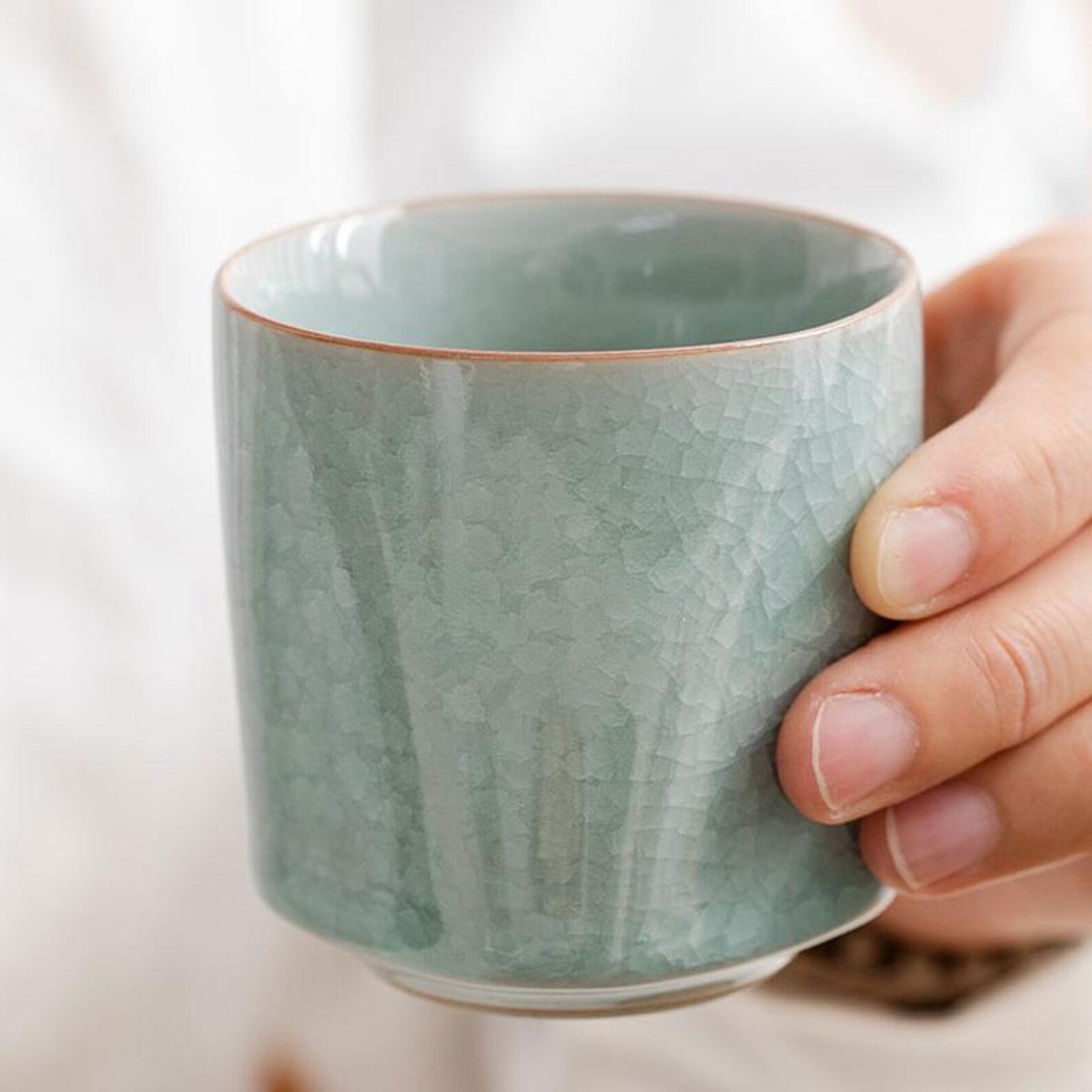Imperial Celadon Ge Kiln Gongfu Tea Set with Arched Hemp Handle