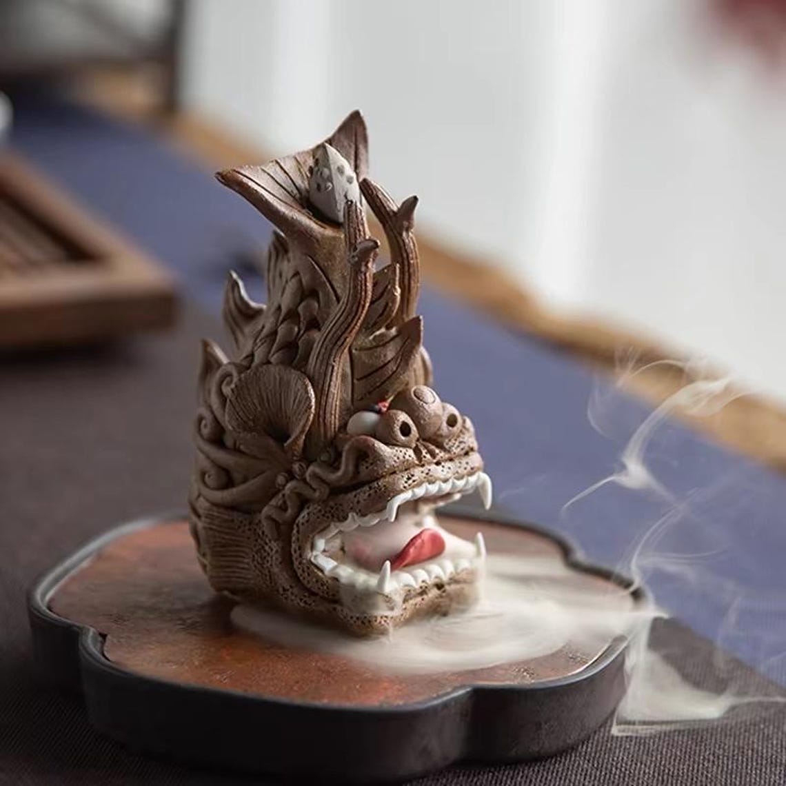 Artisan Handmade Mythical Dragon-Fish Ceramic Incense Burner — Quirky Vertical Tea Pet